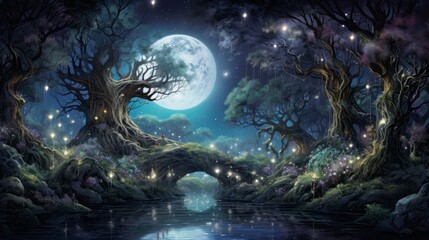 Lunar Enchantment: A moonlit forest where trees are adorned with enchanting crystals and lunar-inspired decorations | generative AI