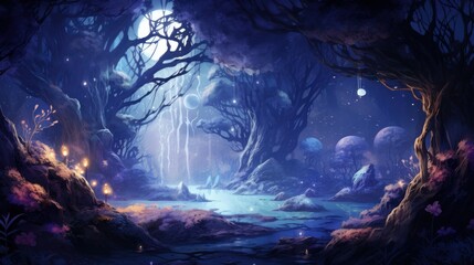 Lunar Enchantment: A moonlit forest where trees are adorned with enchanting crystals and lunar-inspired decorations | generative AI