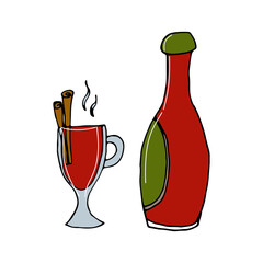 vector doodle cartoon color illustration of mulled wine in a glass and a bottle of wine. Bitter drink for Thanksgiving and Christmas holidays