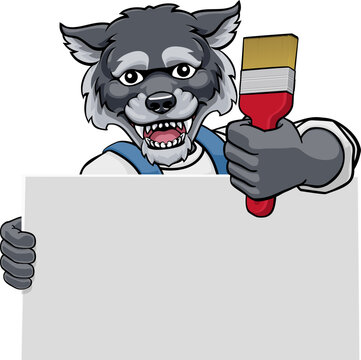 A wolf painter decorator handyman cartoon construction man mascot character holding a paint brush tool