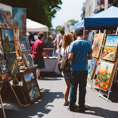 Naklejka premium lifestyle photo street fair people buying crafts and art