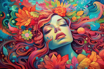 Woman drawing surrond by flower, colorfull wallpaper