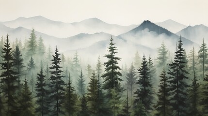 Obraz premium a painting of a forest with a mountain in the background. generative ai