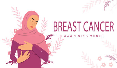 Muslim woman doing breast self-examination (BSE). Breast Cancer Awareness. Woman on the flowers background. Vector illustration