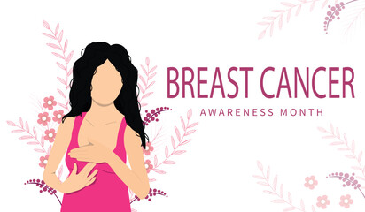 Young woman doing breast self-examination (BSE). Breast Cancer Awareness. Woman on the flowers background. Vector illustration