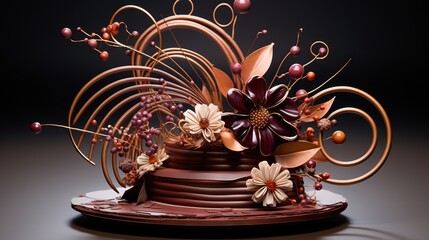  a chocolate cake with flowers and swirls on top of it.  generative ai