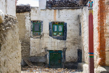 Old and Traditional White House with Tibetan Decor Windows and Door in Lo Manthang, Mustang, Nepal