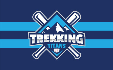 trekking titans baseball logo, mountain illustration, brand identity ,Modern professional emblem for baseball team