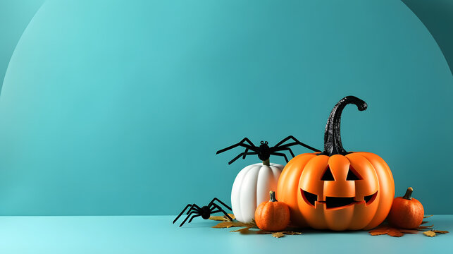 Creative Halloween composition with pumpkin, spiders, white podium and blue background. Modern Halloween aesthetic.
