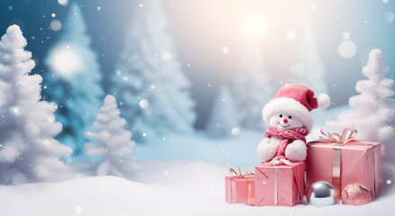 Luxury gift box present and christmas ornaments in snow falling.happy new year and celebration festival.banner ads.