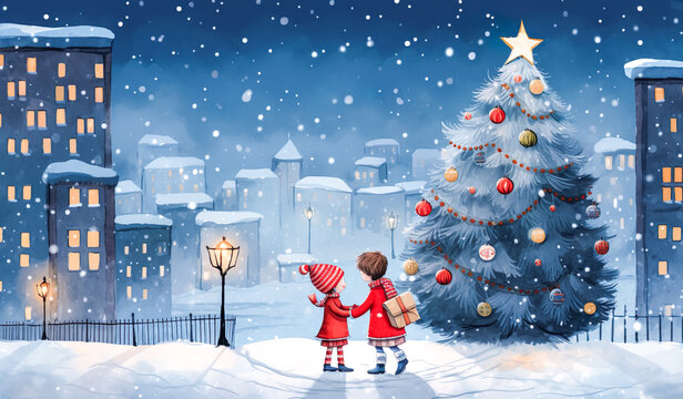 An painting of christmas day with kid,child and gift present in snow falling with night miracle dreamy.celebration festival and happy new year concepts.