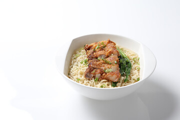 cook Japanese instant noodle mee soup with chicken chop cutlet and vegetables on bowl chopstick on...