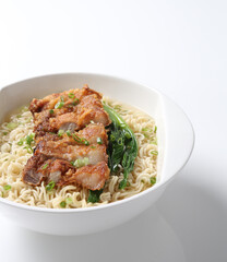 cook Japanese instant noodle mee soup with chicken chop cutlet and vegetables on bowl chopstick on white vintage newspaper background asian chef halal food restaurant banquet menu