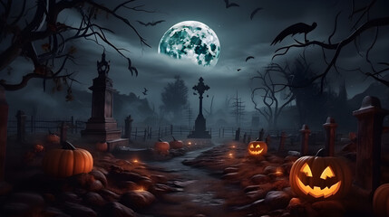 Fototapeta premium Halloween festival and pumpkins in the cemetery on a night with ghosts in the night - Halloween background