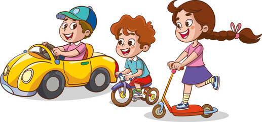 vector illustration of cute kids riding bike and scooter
