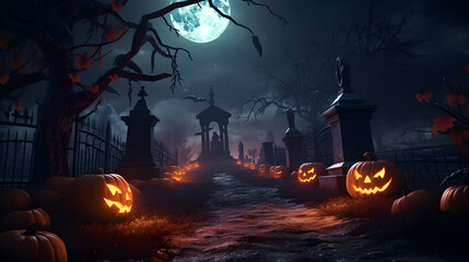 Halloween festival and pumpkins in the cemetery on a night with ghosts in the night - Halloween background