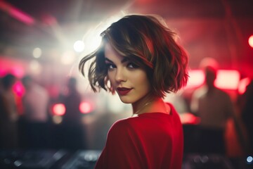 Beautiful young woman dj brunette with a short bob haircut at a party in a nightclub, music and...