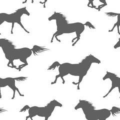 Gray background with a herd of wild horses-mustangs. Vintage seamless backgrounds with wild horses. Illustration for wallpaper, textile printing, wrapping paper.  Vector illustration.
