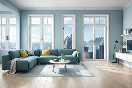 Light blue mock up wall with large window an radiator, Scandinavian style, 3D render, 3D illustration