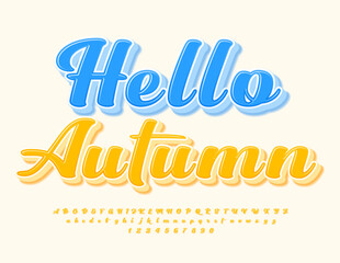Vector artistic flyer Hello Autumn. Beautiful Yellow 3D Font. Calligraphic Alphabet Letters and Numbers set