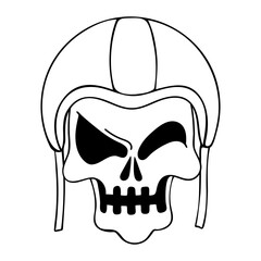 Scary skull in retro motorcycle helmet line art. Hand drawn doodle illustration.