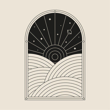 Boho frame arch vector illustration modern minimalistic retro aesthetic linear arc portal logo bohemian design element mystical geometric abstract border