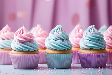 Freshly baked cupcakes decorated with colorful icing - AI Generated - obrazy, fototapety, plakaty