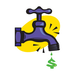 water like dollar sign flowing out tap. concept of leaky faucet with stopcock or money deficiency in world or drain crane. flat simple trend logo graphic design element isolated on white background