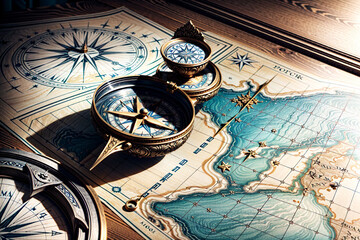 Fototapeta na wymiar old map and compass