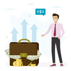 Confident businessman points to wealth. Investor next to briefcase full of money, profit from investment. Dividend payout, passive income. Successful rich entrepreneur with money.