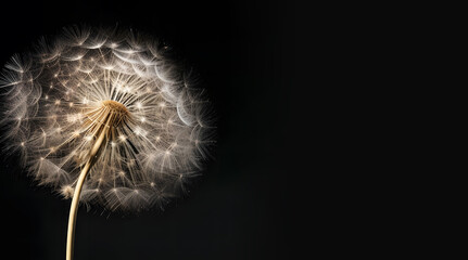 Close-up of dandelion with flying seed heads on a black background. Minimalistic flower art. Creative copy space. - obrazy, fototapety, plakaty
