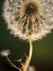 Close-up of dandelion with flying seed heads on a green background. Minimalistic flower art. Creative copy space.
