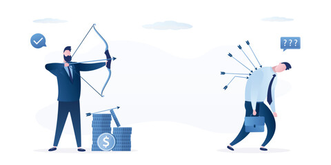 Boss blaming and bullying of weak worker. Frustrated exhausted businessman walking with painful arrow bows on back. Business betrayal, pain from failure, anxiety