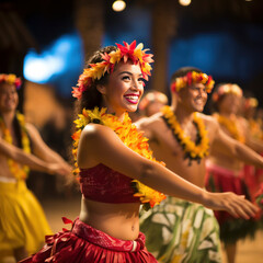 lifestyle photo people at Hawaiian luau watch dancers