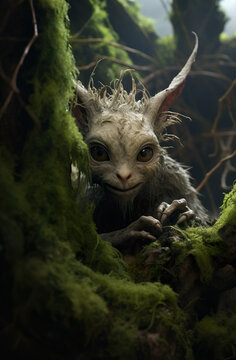 Chupacabra scary creature is hiding in spooky forest realistic photo character generative AI illustration. Chupacabras myth legend in the woods concept