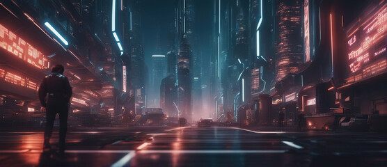 Fototapeta na wymiar Cyberpunk neon city street at night. Futuristic city scene in a style of sci-fi art. 80's wallpaper. Retro future Generative AI illustration. Urban scene. 