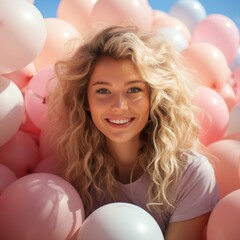 Naklejka premium Carry me home my trusted balloons, colorful, pastel colours,photography, young blonde curly girl, kinds, farytalle, friends,happy, joyfull