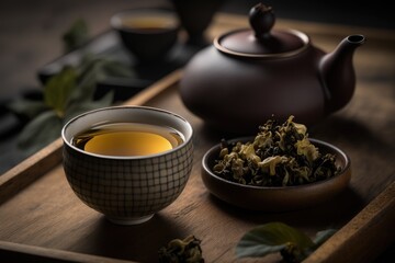 Oolong tea in a cup and leaves on the table. Glass mug.
