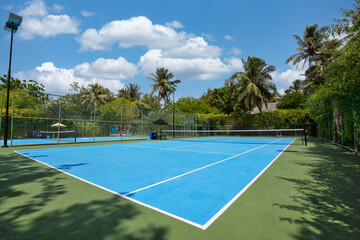 Amazing sport and recreational background. Blue tennis court on tropical landscape, palm trees and blue sky. Sports in tropic concept. Empty tennis court in summer sunrise sun light, outdoors.