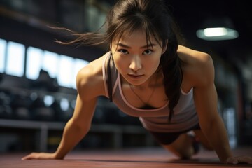 Fototapeta na wymiar A determined woman models strength and perseverance as she gracefully executes a perfect set of push ups on the floor, her toned muscles glistening with sweat