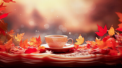 Naklejka na ściany i meble Cup of tea on autumn leaves background. Fall season concept. selective focus. 