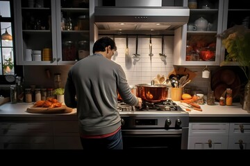 a casual man make dinner in the modern kitchen 