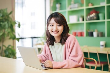 A smiling woman sits at a desk with a laptop, her bright clothing a cheerful contrast to the plain walls of the indoor room