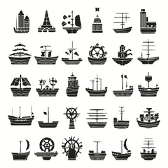 Ship icons and silhouettes in all black colors. 