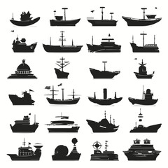 Ship icons and silhouettes in all black colors. 