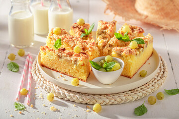 Homemade gooseberry butter cake as traditional dessert.