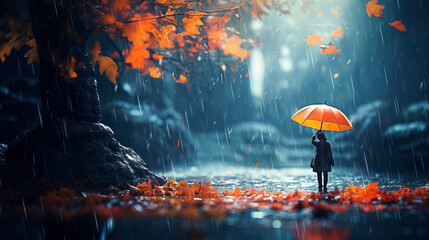 Person in raincoat with umbrella standing in autumn forest. selective focus. 
