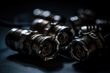 Macro photograph of industrial connectors in a dark and moody setting with shadows and reflections