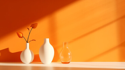 three vases and a withered flower against a sunlit orange wall. minimalist style. Generative Ai.