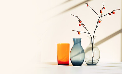 three glass vintage vessels with withered plant branches on a white background flooded with sunlight in a minimalist style. Generative Ai.